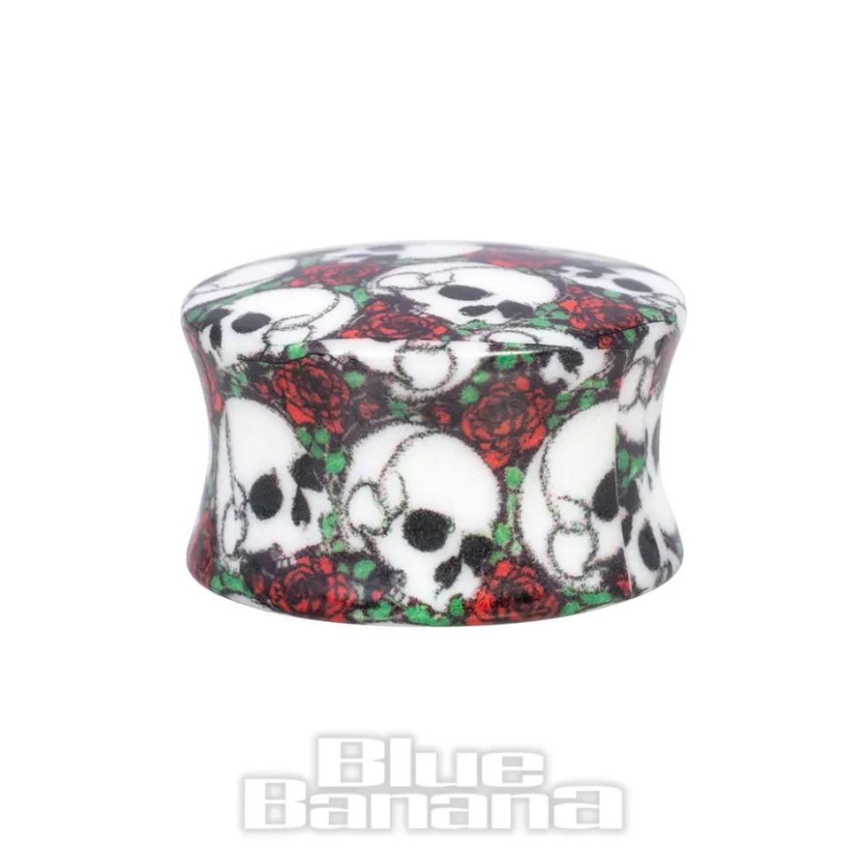 Blue Banana Acrylic Skull & Rose Ear Plug 6-18mm (Black)
