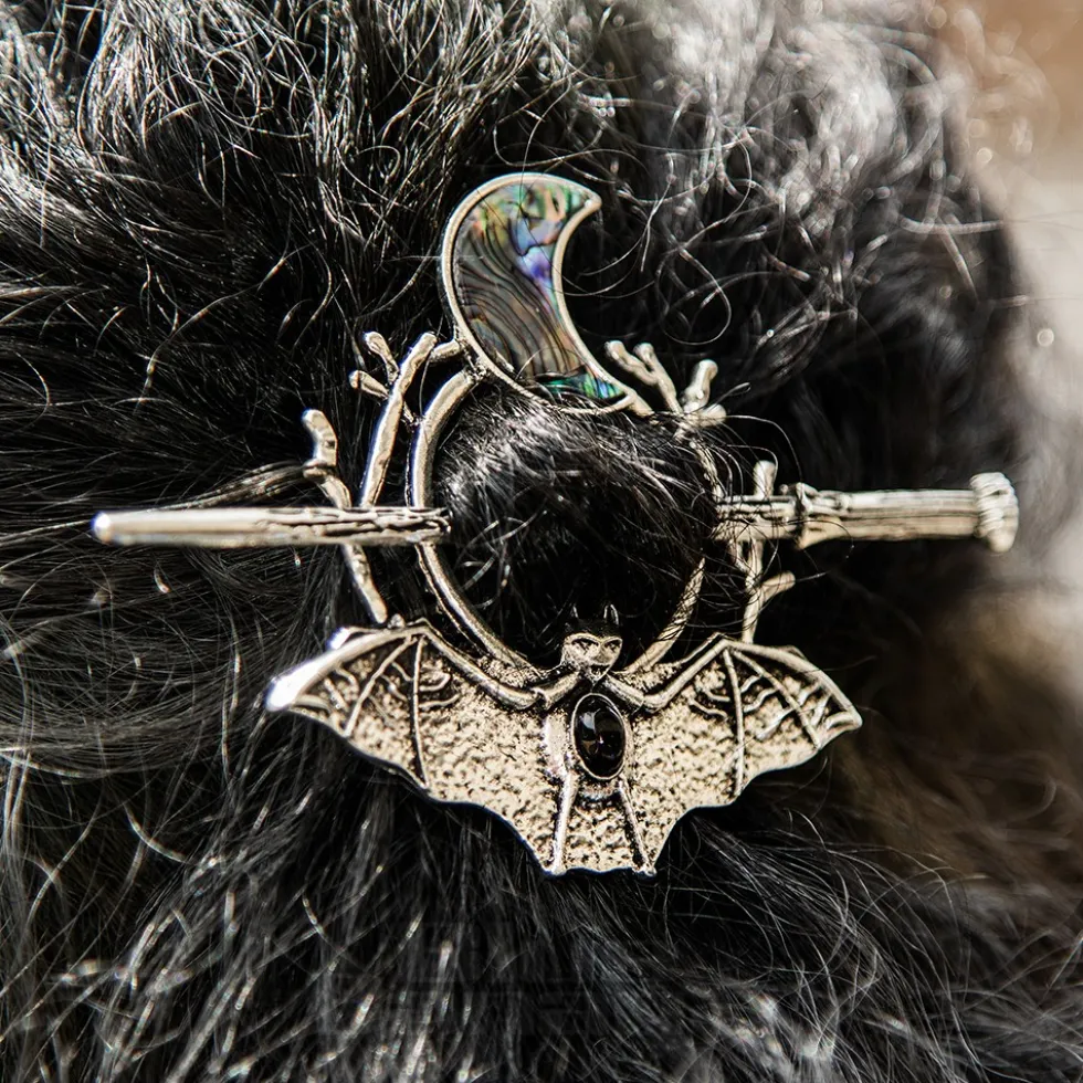 Blue Banana Bat & Moon Hair Pin (Silver)