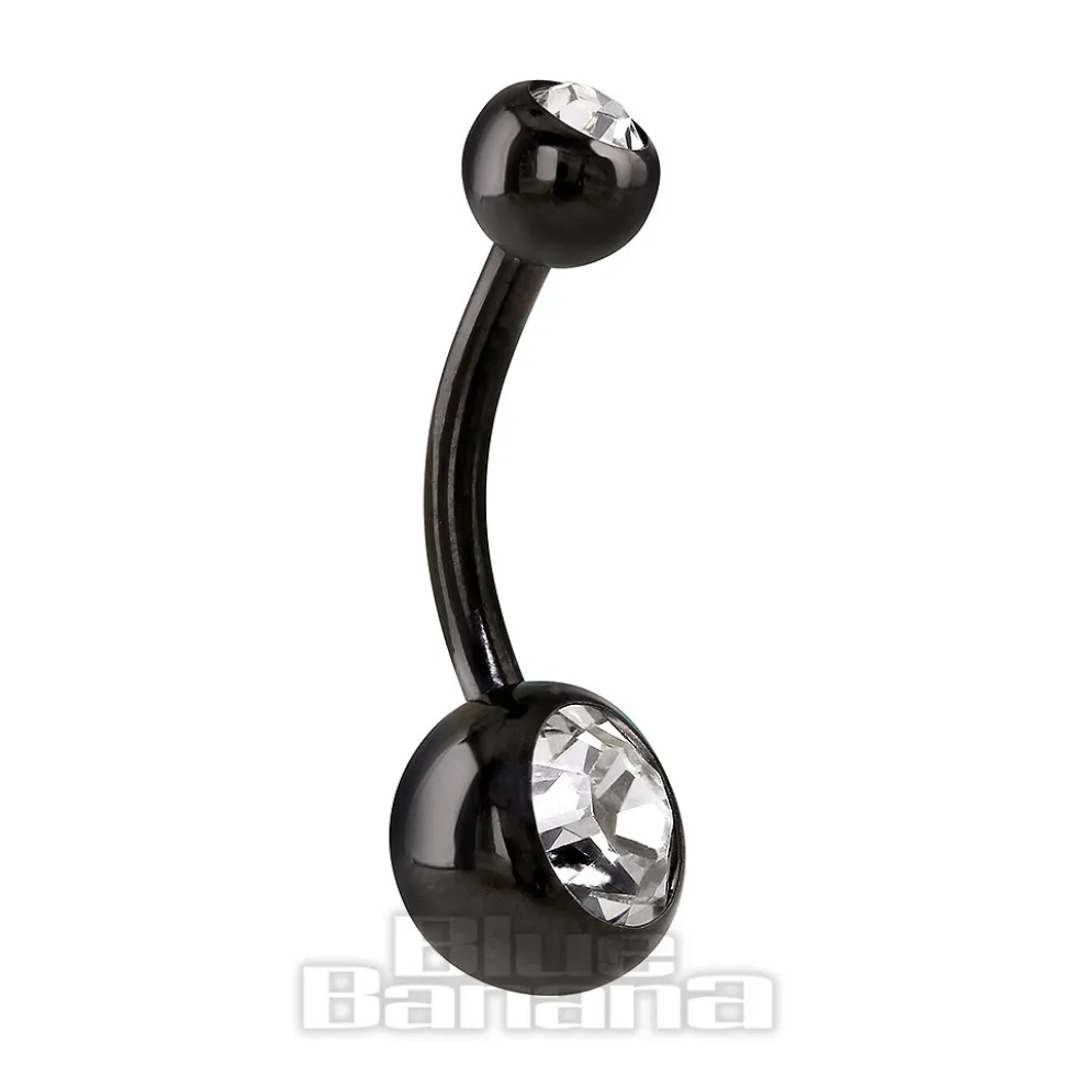 Blue Banana Black Titanium 1.6mm Double Jewelled Navel Bar (Crystal)