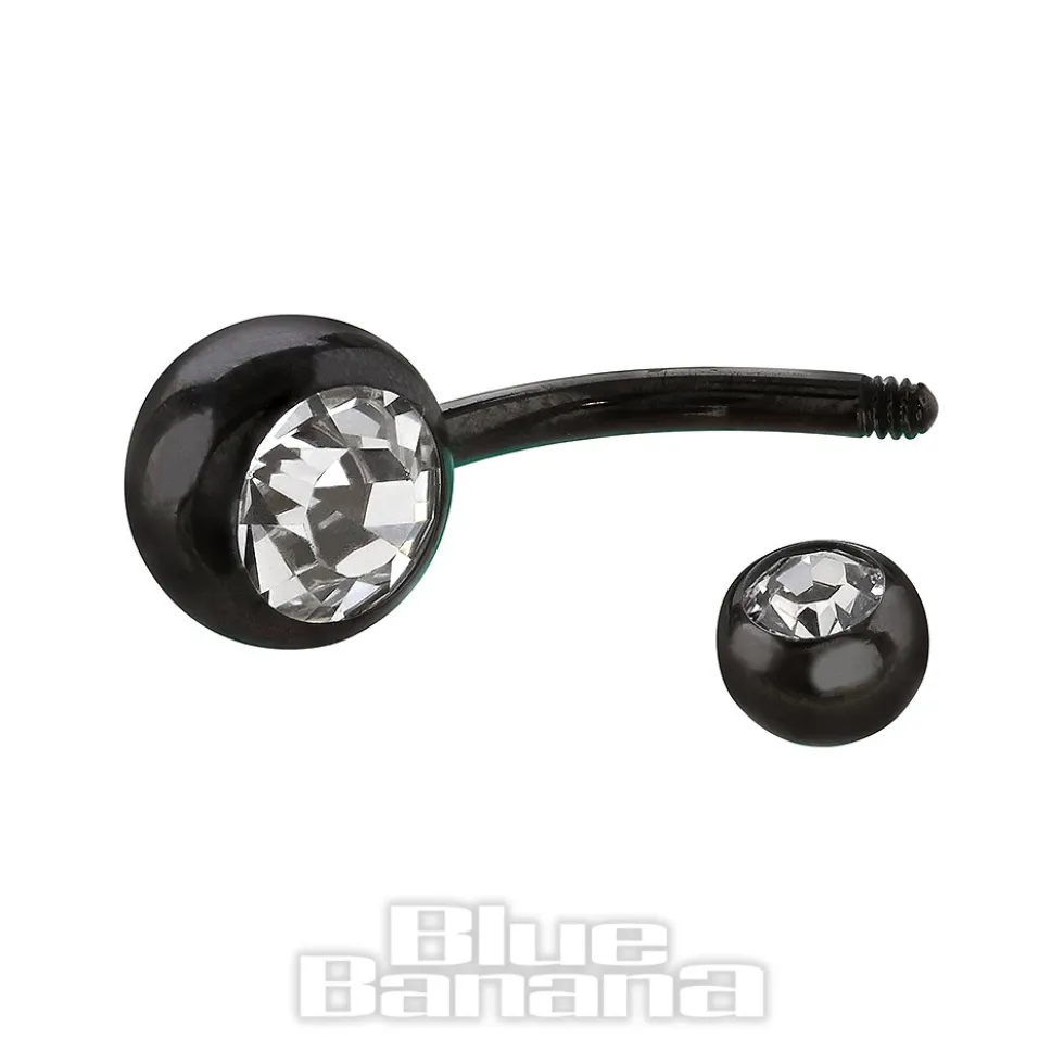 Blue Banana Black Titanium 1.6mm Double Jewelled Navel Bar (Crystal)