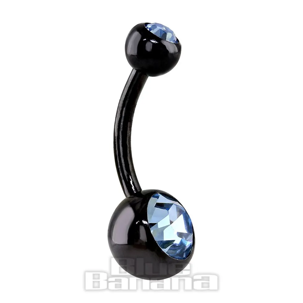 Blue Banana Black Titanium 1.6mm Double Jewelled Navel Bar (Aqua)