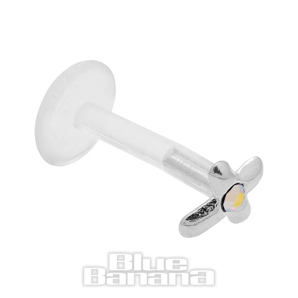 Blue Banana Cross Bioflex 1.2mm Tragus Stud (Aurora Borealis/Silver)