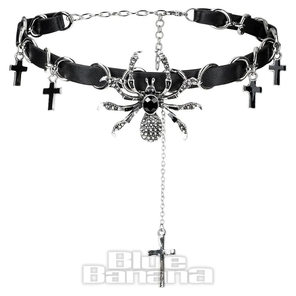 Blue Banana Crosses & Spiders Choker (Black/Siver)
