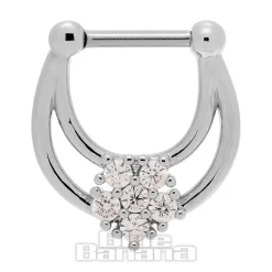 Blue Banana Crystal Flower Surgical Steel Hinged Segment Ring (Silver)