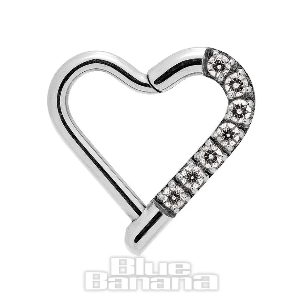 Blue Banana Crystal Heart Surgical Steel 1.2mm Hinged Segment Ring (Silver)