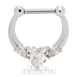 Blue Banana Crystal Heart Surgical Steel Hinged Segment Ring (Silver)