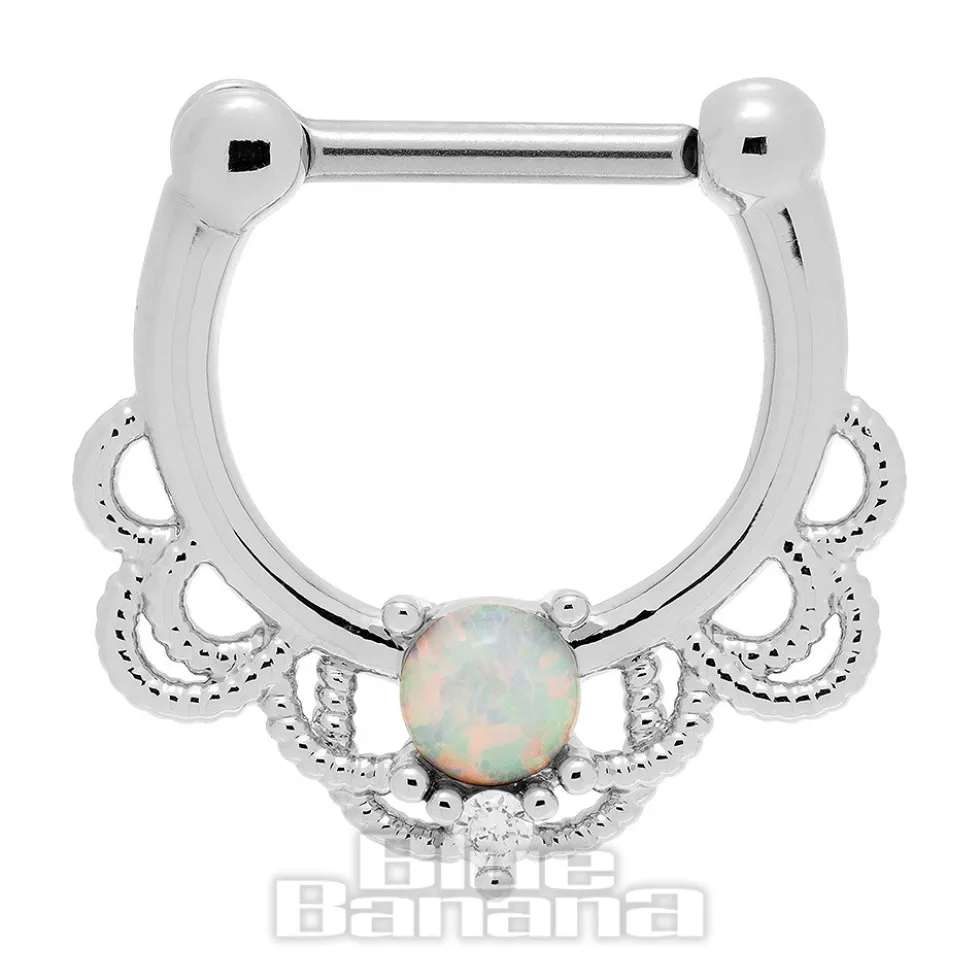 Blue Banana Crystal/Opal Surgical Steel Hinged Segment Ring (Silver)