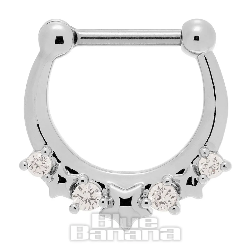 Blue Banana Crystal Star Surgical Steel Hinged Segment Ring (Silver)