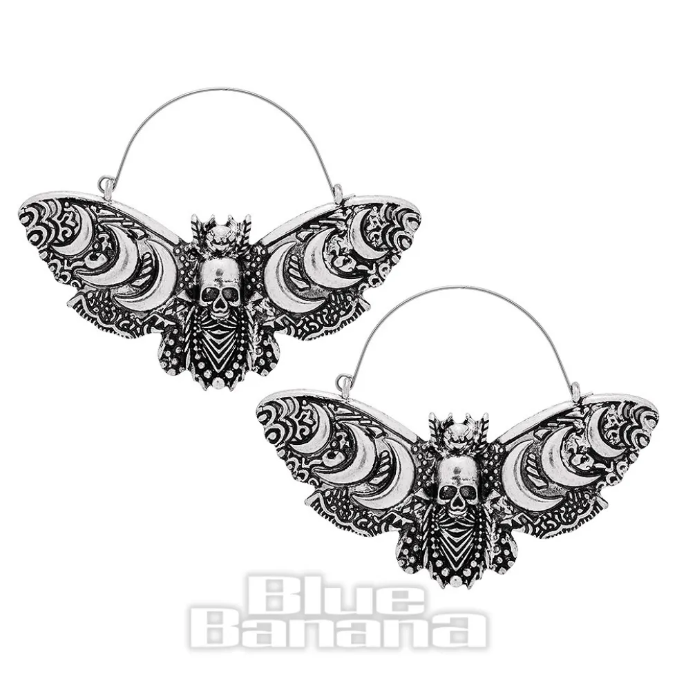 Blue Banana Death Moth Moons Plug Hoop Earrings (Silver)