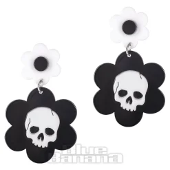 Blue Banana Flower Skulls Earrings (Black/White)
