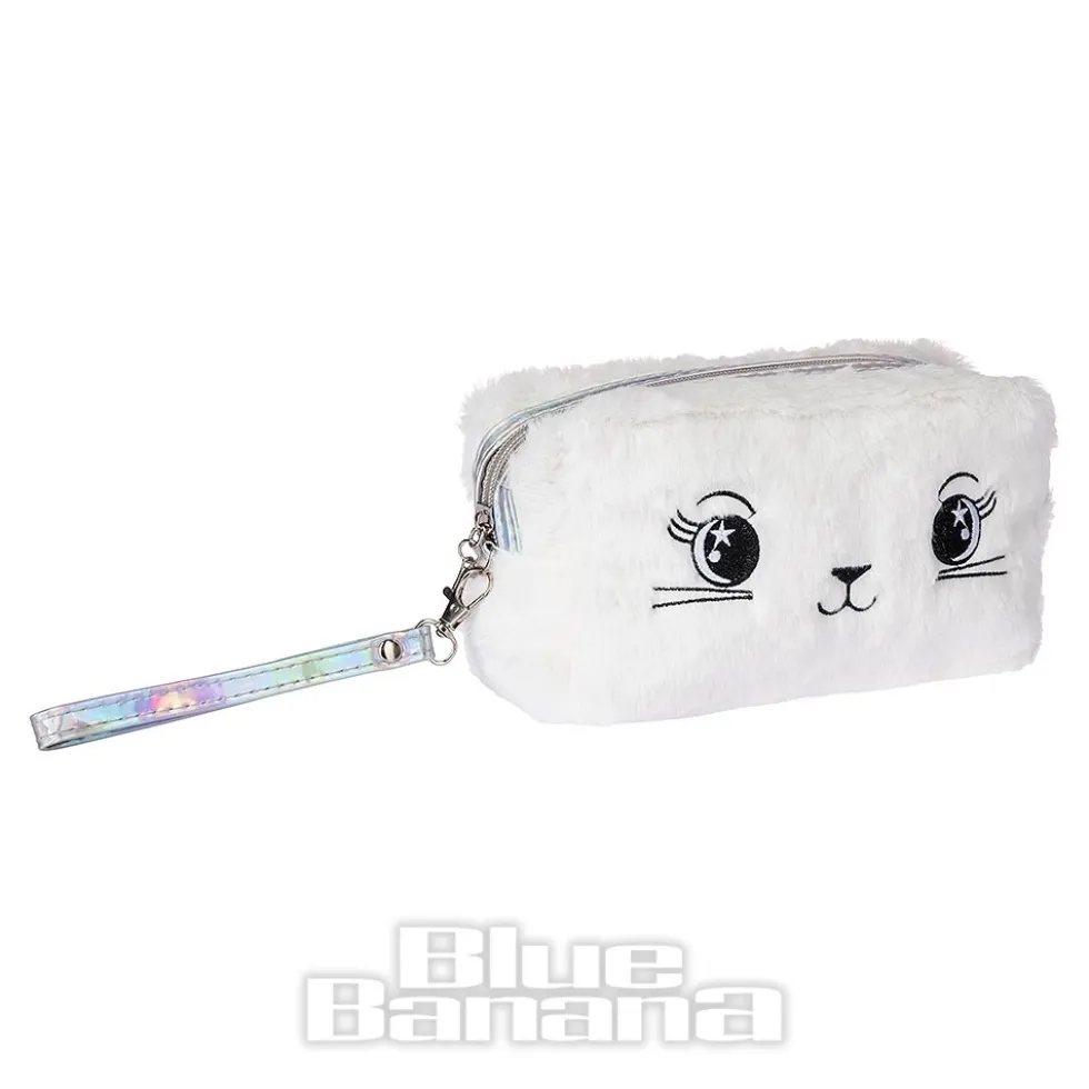 Blue Banana Fluffy Cat Makeup Bag (White)