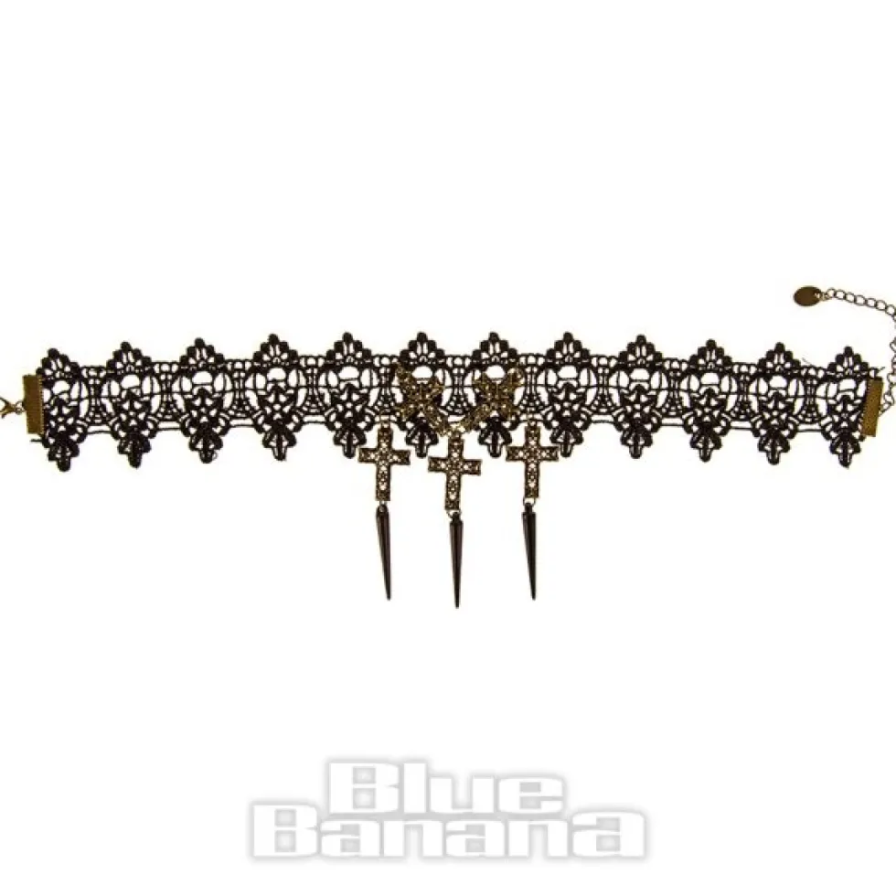 Blue Banana Lace Cross Spikes Necklace (Black)