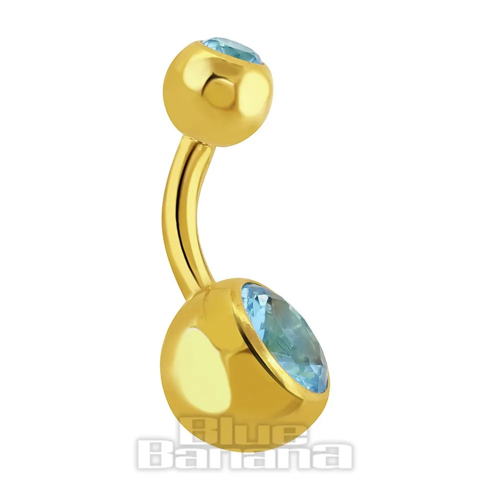Blue Banana Plasma Gold 1.6mm Internally Threaded Double Jewelled Navel Bar (Aqua)