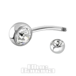 Blue Banana Polished Titanium 1.6mm Double Jewelled Navel Bar (Crystal)