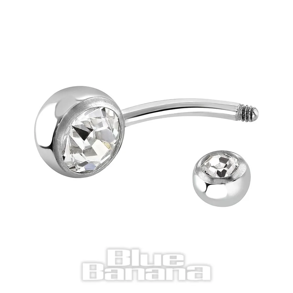 Blue Banana Polished Titanium 1.6mm Double Jewelled Navel Bar (Crystal)