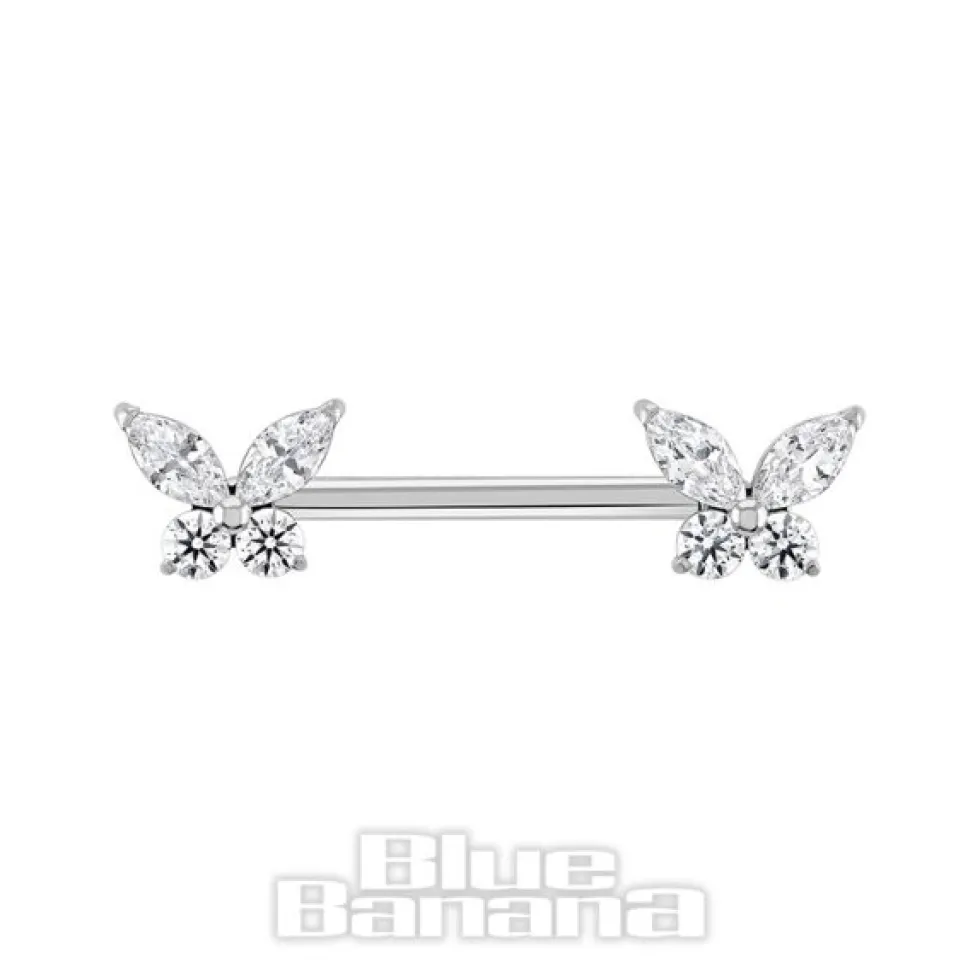 Blue Banana Polished Titanium Butterfly Threadless Nipple Bar (Cubic Zirconia)