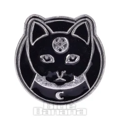 Blue Banana Round Cat Face Pin Badge (Black)