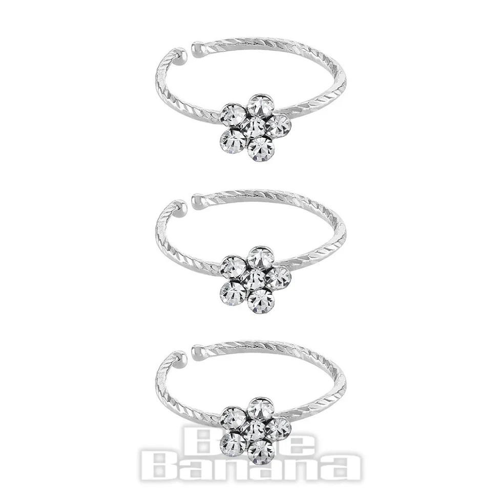 Blue Banana Sterling Silver Crystal Flower Nose Rings (3 Pack)