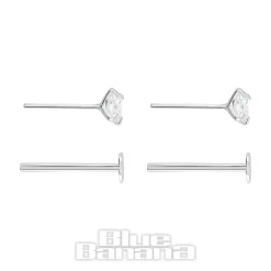 Blue Banana Sterling Silver 3mm Square Crystal Threadless Labrets (2 Pack)