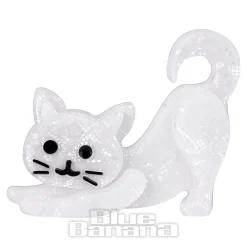 Blue Banana Stretching Cat Brooch (White)
