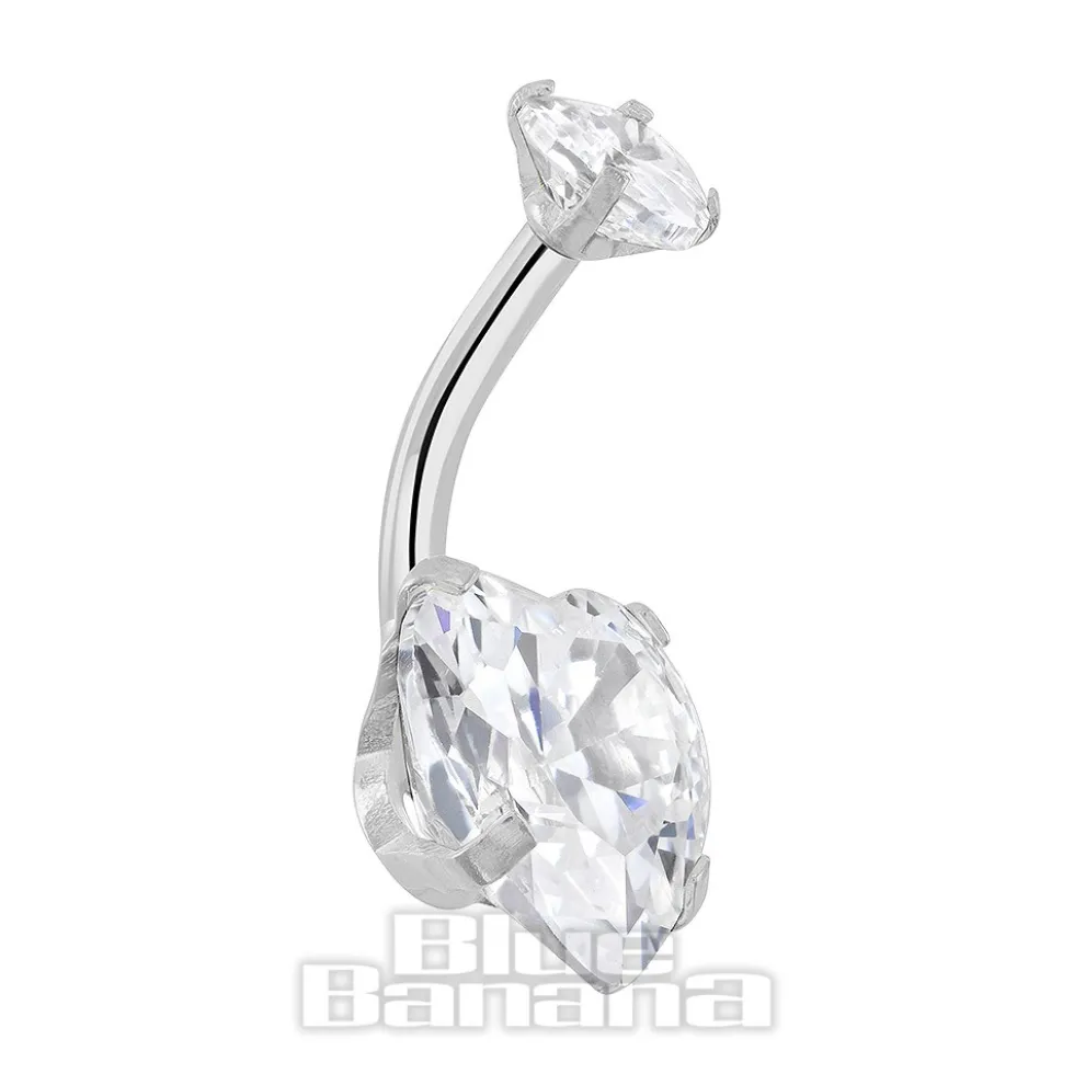 Blue Banana Surgical Steel Cubic Zirconia Heart Navel Bar (Silver)