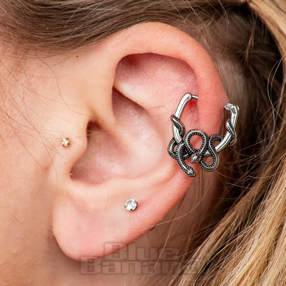 Blue Banana Surgical Steel Snake On Horseshoe Ear Clicker (Silver)