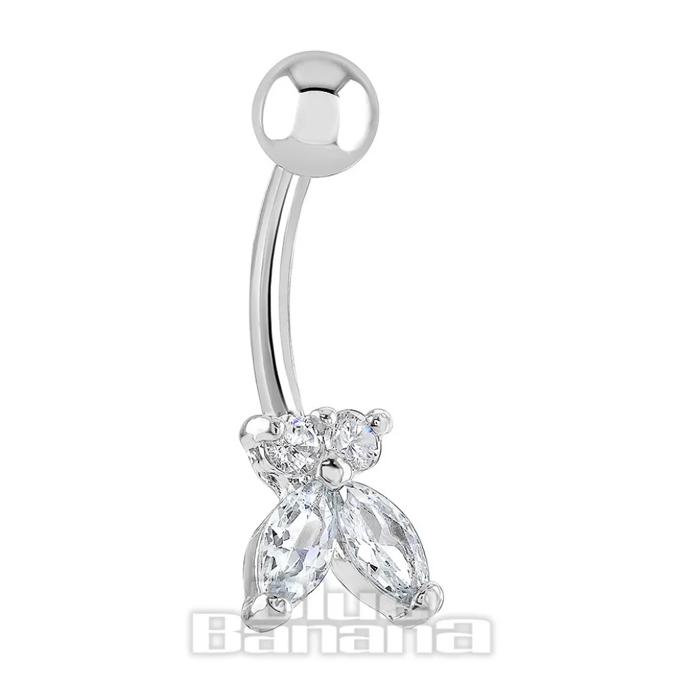 Blue Banana Surgical Steel 1.6 x 10mm 4 Stones Butterfly Navel Bar (Silver)