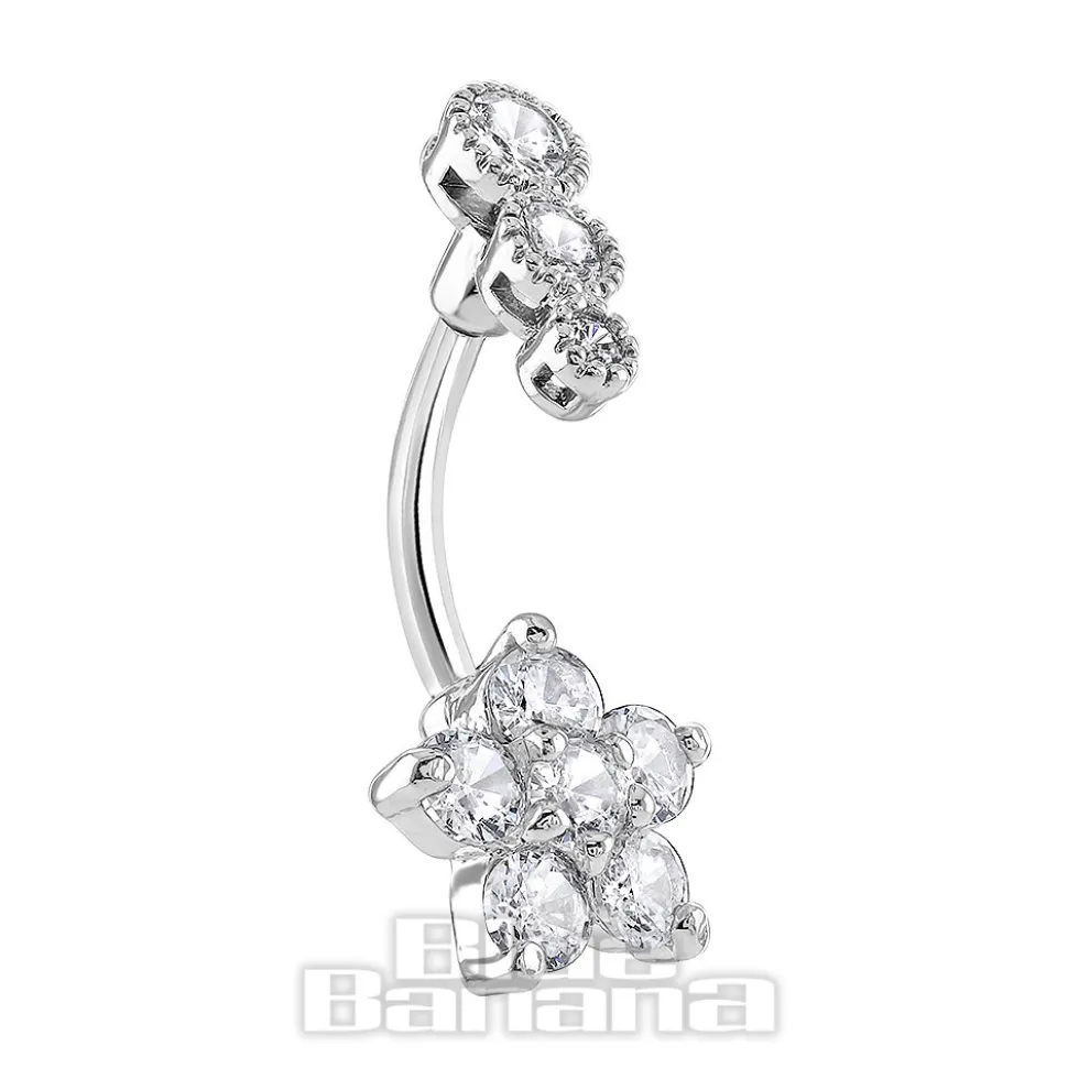 Blue Banana Surgical Steel 1.6 x 10mm 3 Stones Flower Navel Bar (Silver)