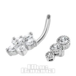 Blue Banana Surgical Steel 1.6 x 10mm 3 Stones Flower Navel Bar (Silver)