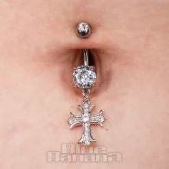 Blue Banana Surgical Steel 1.6 x 10mm Zircon Cross Navel Bar (Crystal)