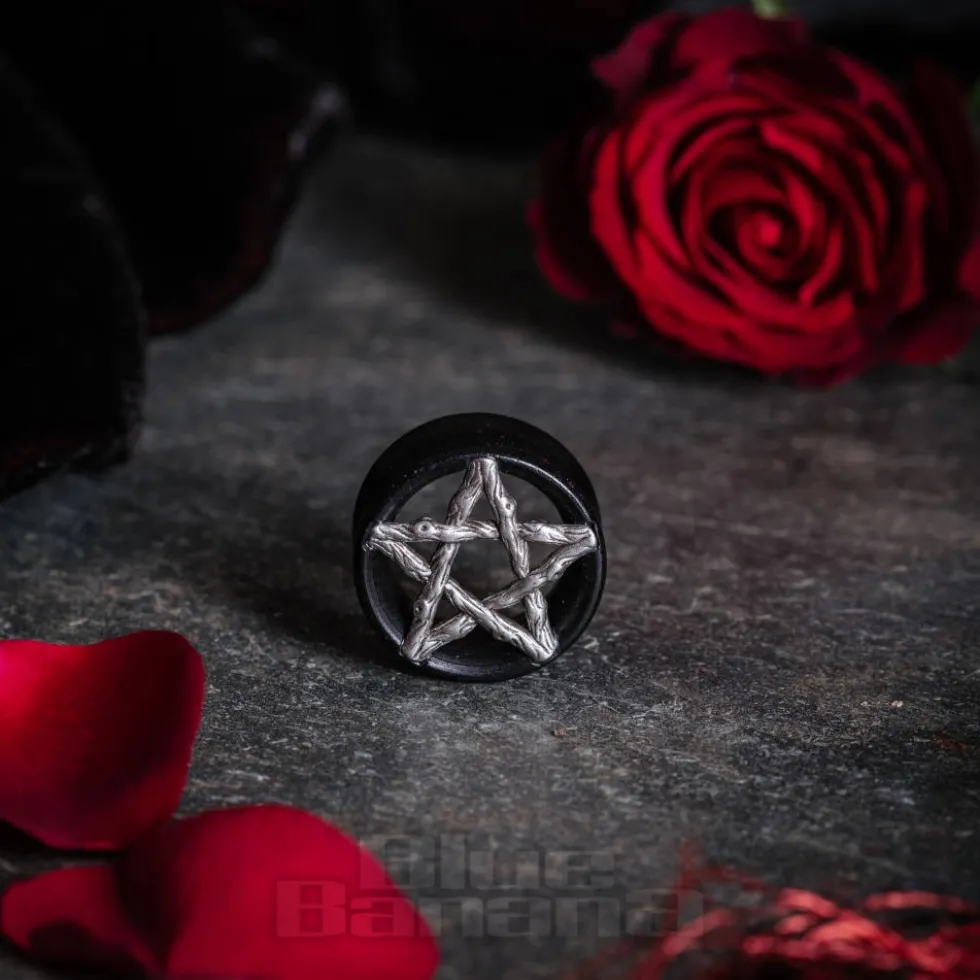 Blue Banana Wood & Silver Pentagram Tunnel 8-25mm (Black)