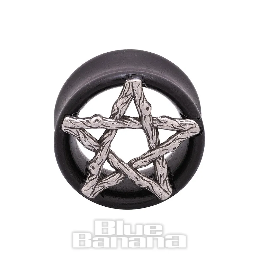 Blue Banana Wood & Silver Pentagram Tunnel 8-25mm (Black)