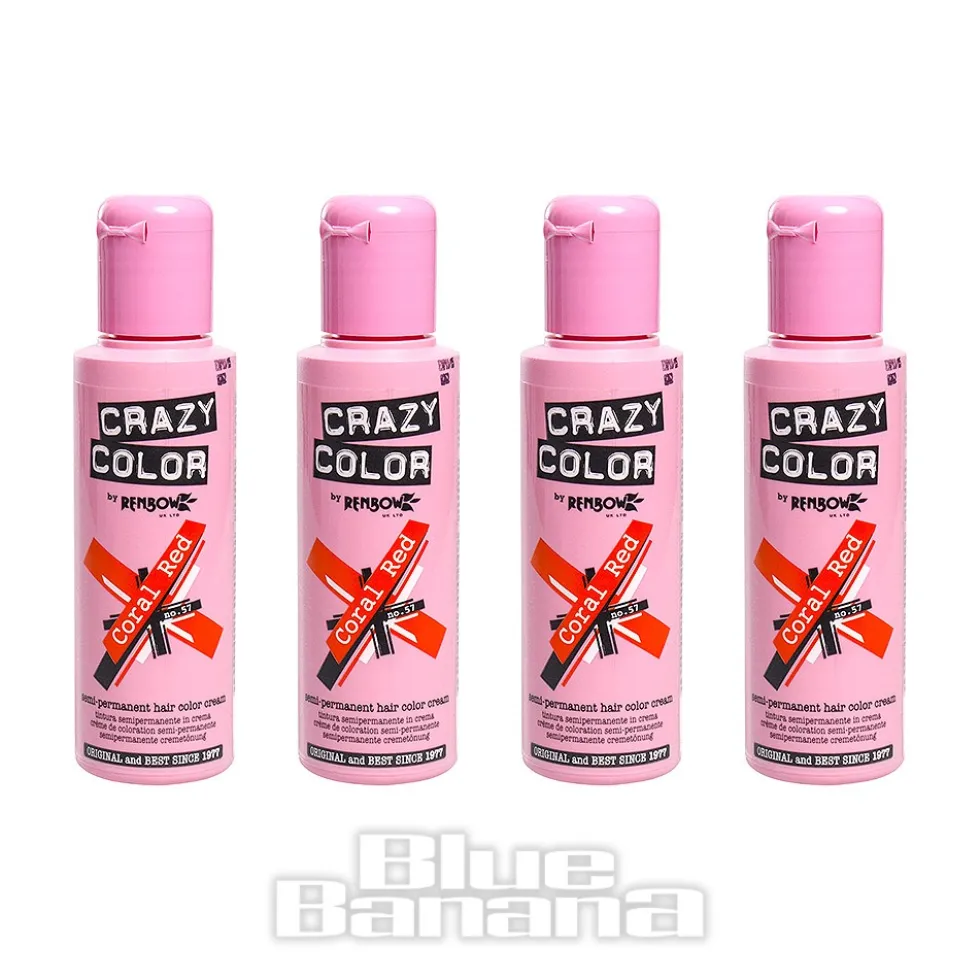 Crazy Color Semi-Permanent Hair Dye 4 Pack 100ml (Coral Red)