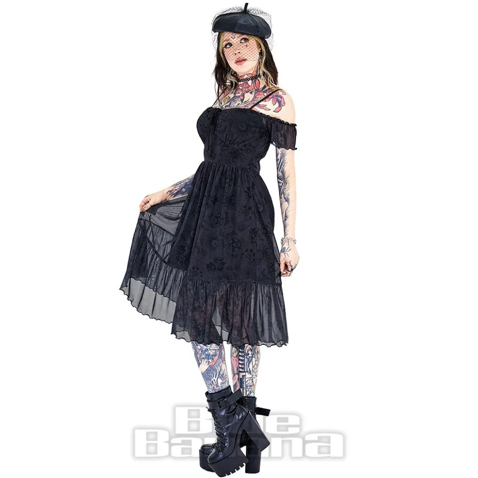 Jawbreaker Tarot Cold-Shoulder Midi Dress (Black)