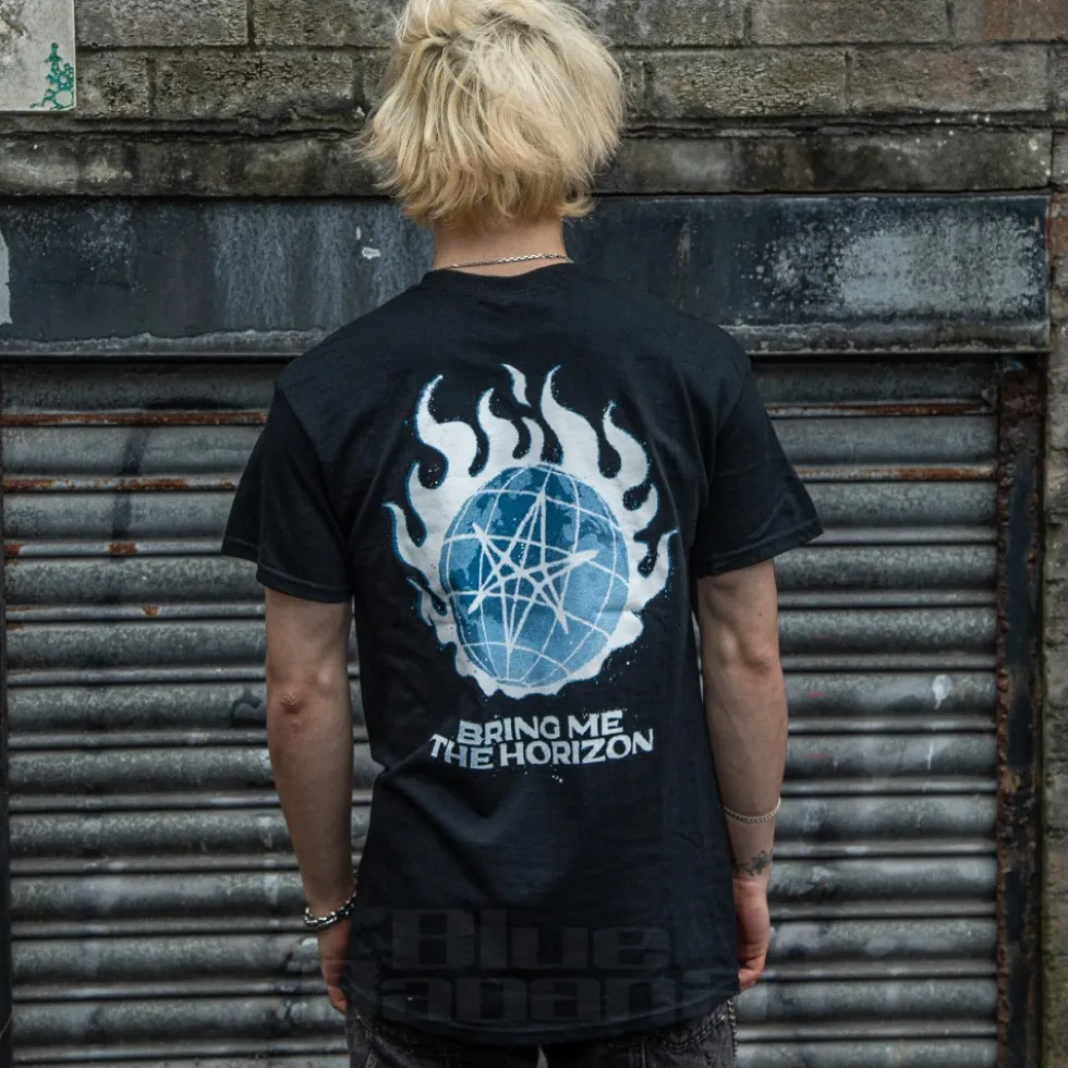 Official Bring Me The Horizon Blue Flame Globe T Shirt (Black)